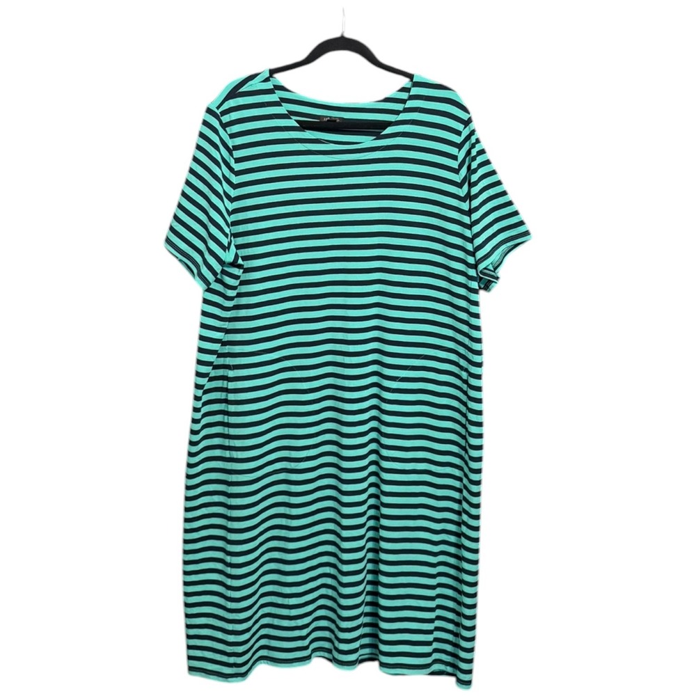 J. Jill Wearever Teal Navy Striped Knit T-Shirt Dress 2X Short Sleeve Shift